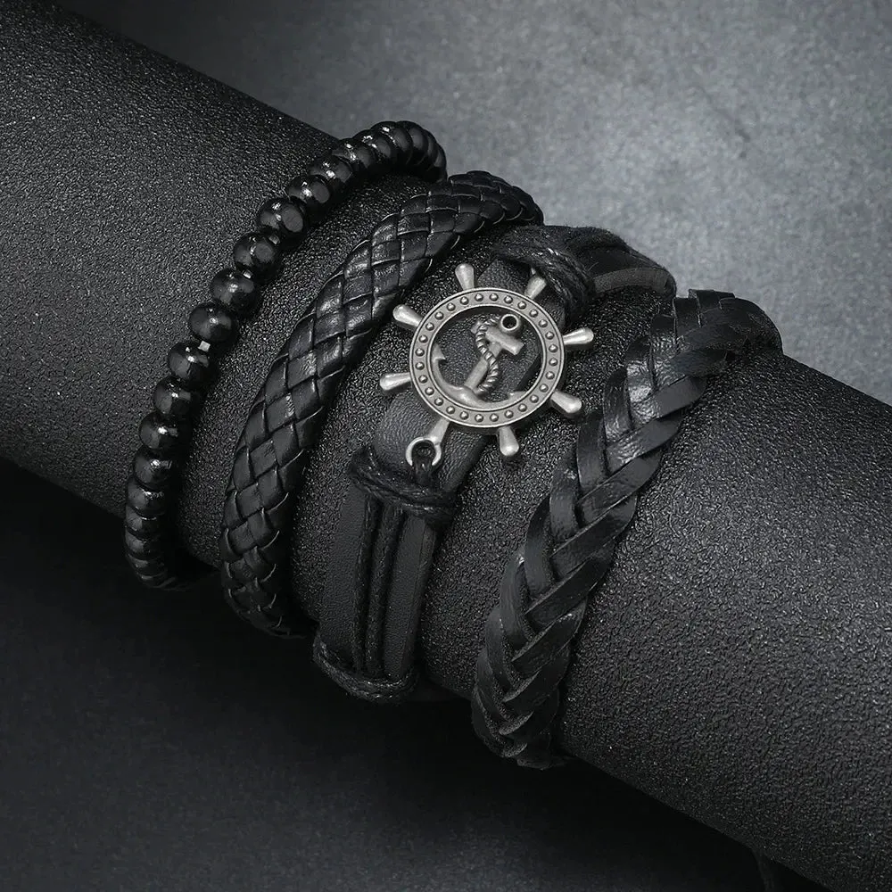 Trendy Compass Man Leather Bracelets set Black Hand Woven Bracelet for Men 4pcs/set DIY Male Jewelry Gift New Pulsera Hombre