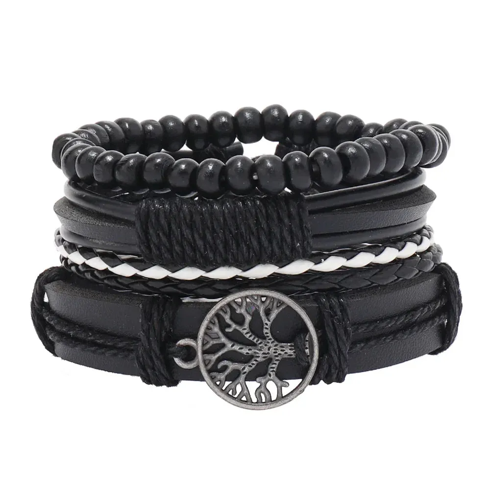 Trendy Compass Man Leather Bracelets set Black Hand Woven Bracelet for Men 4pcs/set DIY Male Jewelry Gift New Pulsera Hombre