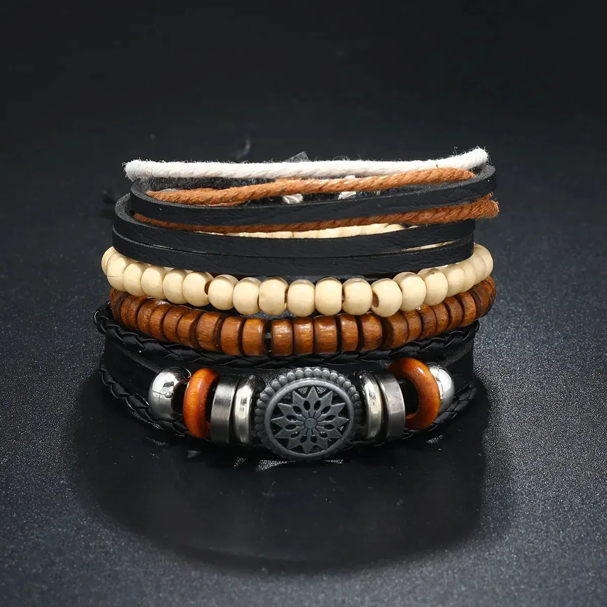 Trendy Compass Man Leather Bracelets set Black Hand Woven Bracelet for Men 4pcs/set DIY Male Jewelry Gift New Pulsera Hombre