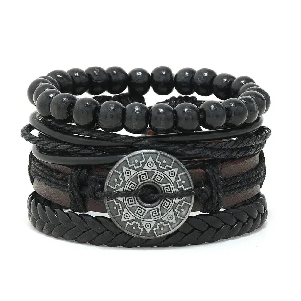 Trendy Compass Man Leather Bracelets set Black Hand Woven Bracelet for Men 4pcs/set DIY Male Jewelry Gift New Pulsera Hombre