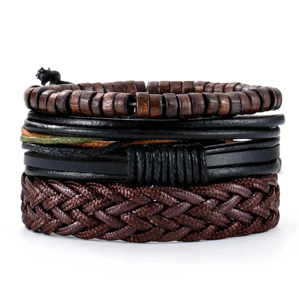 Trendy Compass Man Leather Bracelets set Black Hand Woven Bracelet for Men 4pcs/set DIY Male Jewelry Gift New Pulsera Hombre