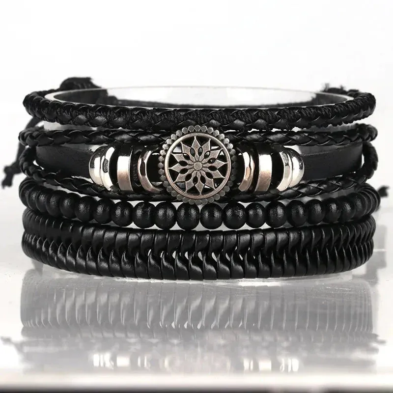 Trendy Compass Man Leather Bracelets set Black Hand Woven Bracelet for Men 4pcs/set DIY Male Jewelry Gift New Pulsera Hombre