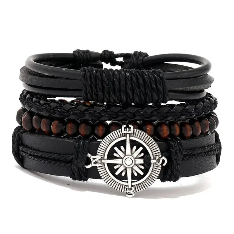 Trendy Compass Man Leather Bracelets set Black Hand Woven Bracelet for Men 4pcs/set DIY Male Jewelry Gift New Pulsera Hombre