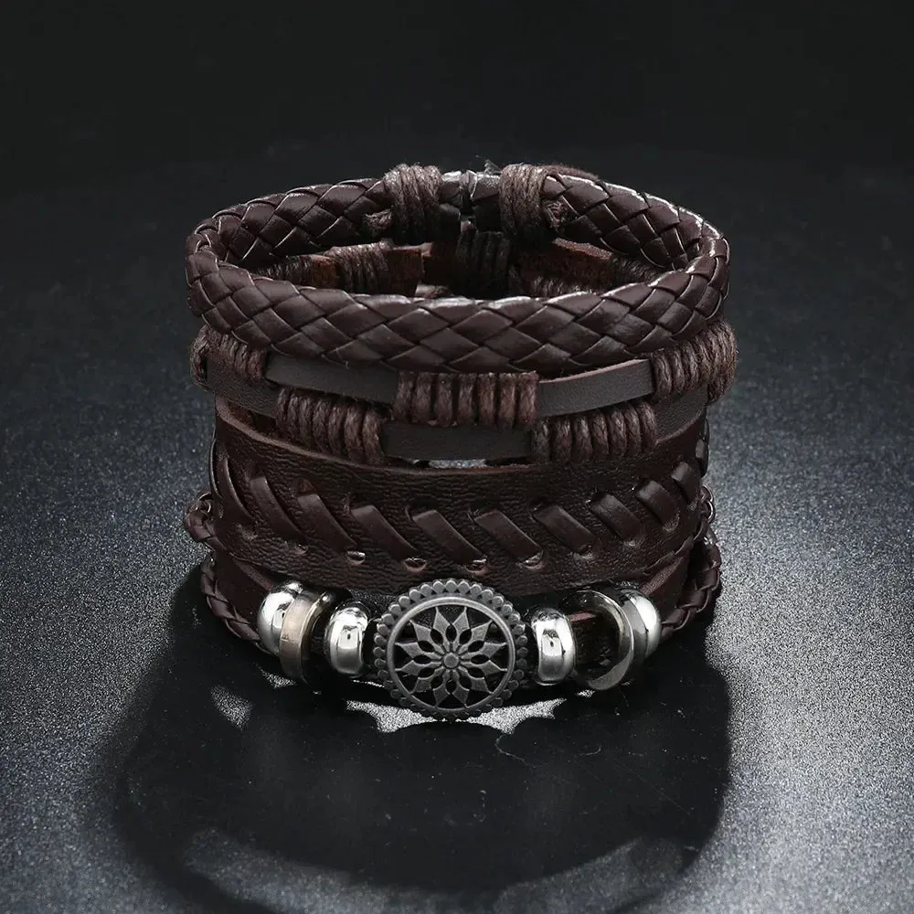 Trendy Compass Man Leather Bracelets set Black Hand Woven Bracelet for Men 4pcs/set DIY Male Jewelry Gift New Pulsera Hombre