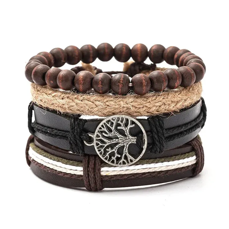 Trendy Compass Man Leather Bracelets set Black Hand Woven Bracelet for Men 4pcs/set DIY Male Jewelry Gift New Pulsera Hombre