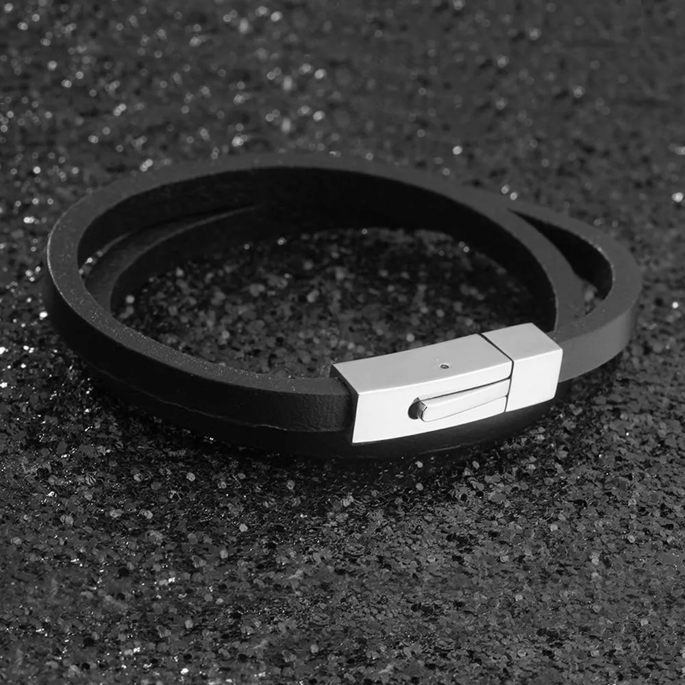 Trendy Stainless Steel & Genuine Leather Men’s Bracelets, Black Wrap Wristband Accessory for Men