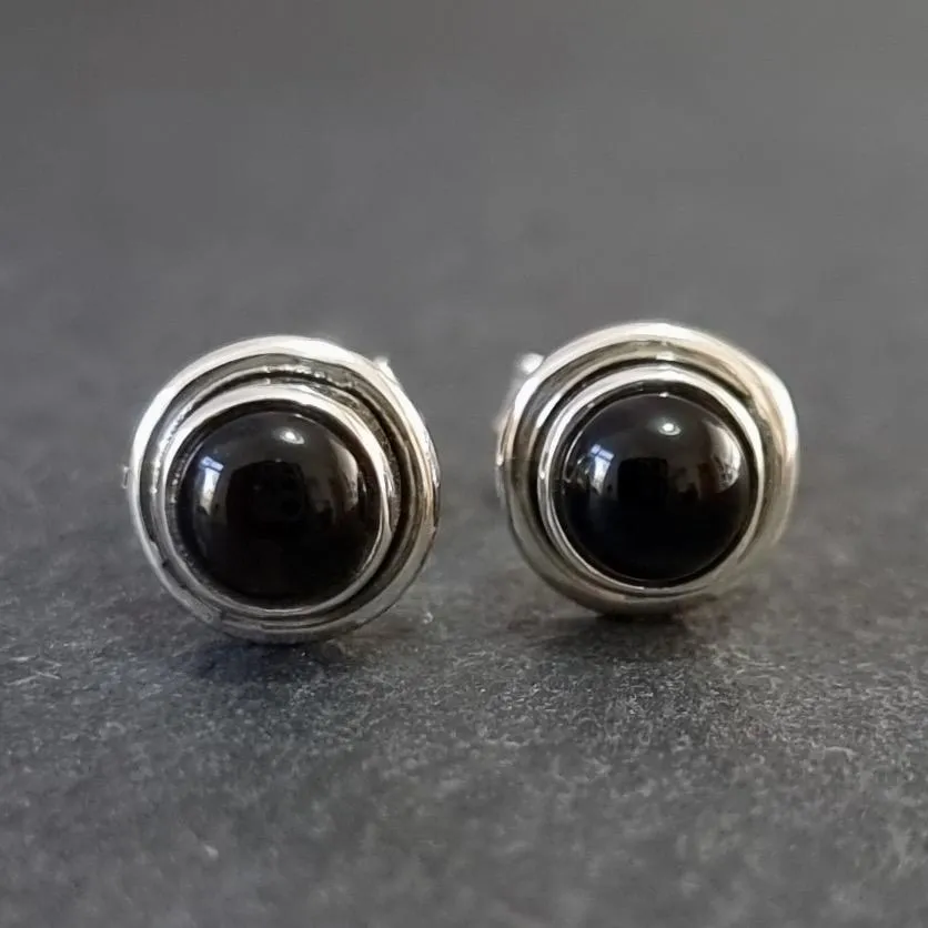 Unisex Small Black Onyx Studs Earrings, 925 Sterling Silver, S16O