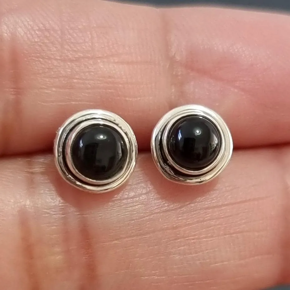 Unisex Small Black Onyx Studs Earrings, 925 Sterling Silver, S16O