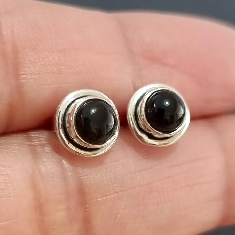 Unisex Small Black Onyx Studs Earrings, 925 Sterling Silver, S16O