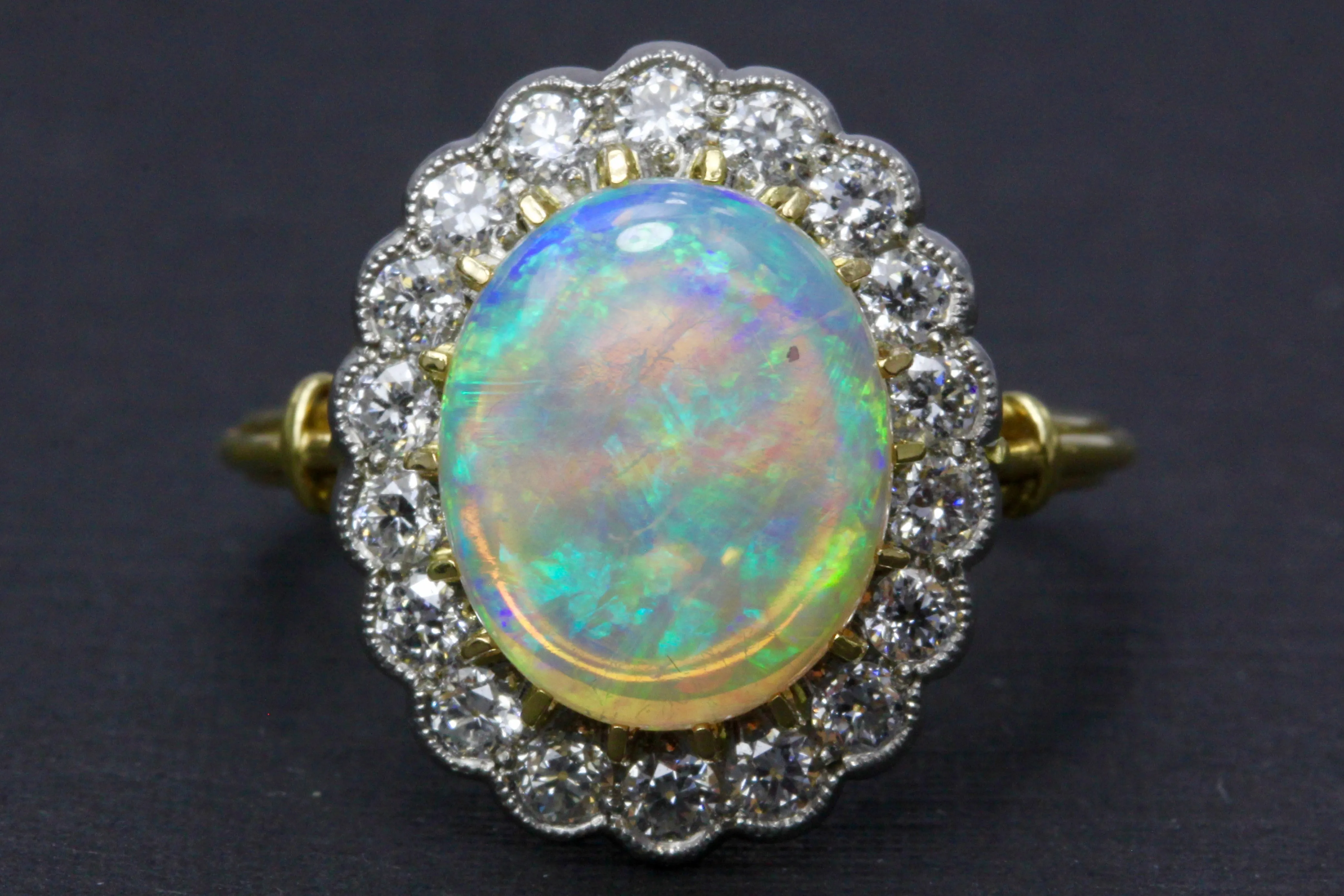 Victorian Revival 18K White Gold and Platinum Opal and Diamond Halo Ring