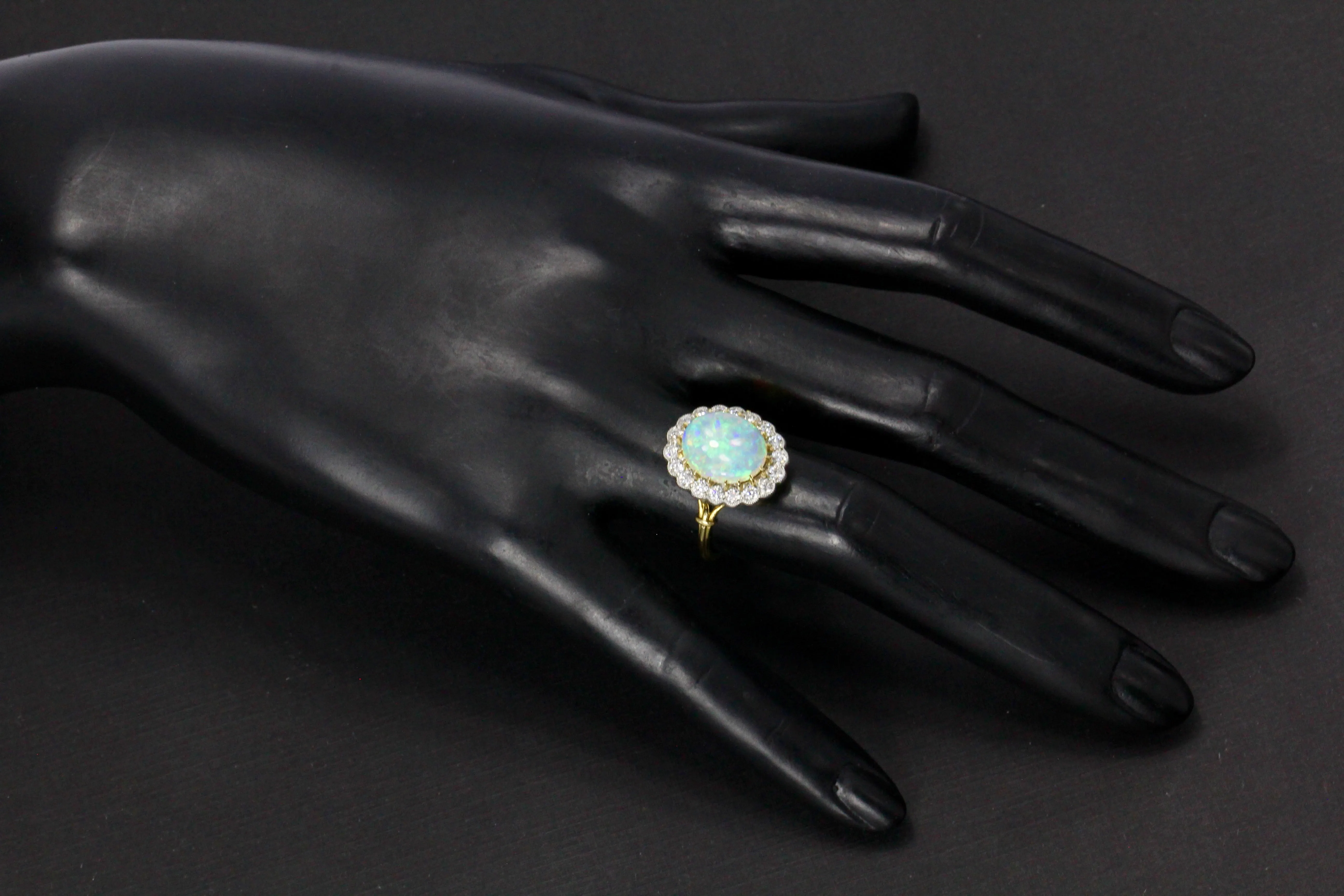 Victorian Revival 18K White Gold and Platinum Opal and Diamond Halo Ring