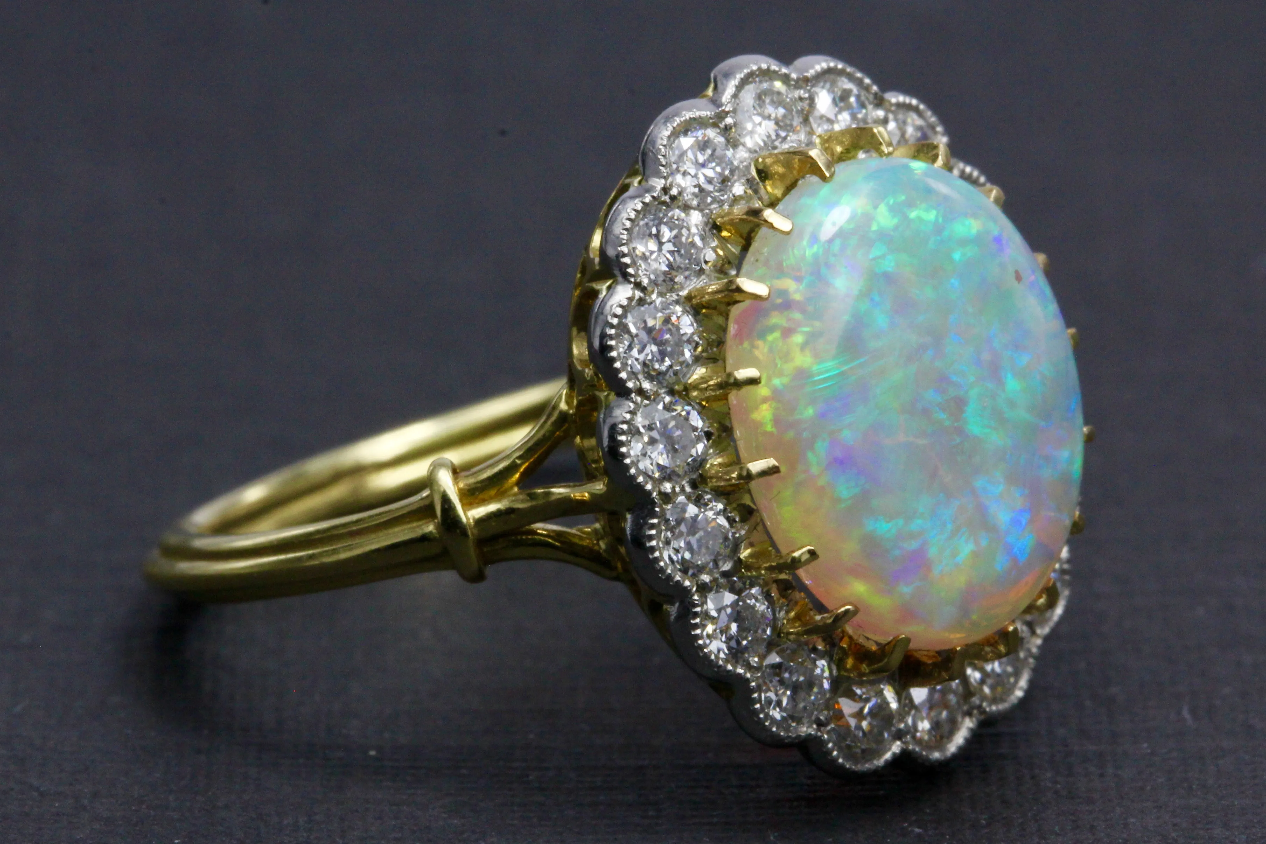 Victorian Revival 18K White Gold and Platinum Opal and Diamond Halo Ring
