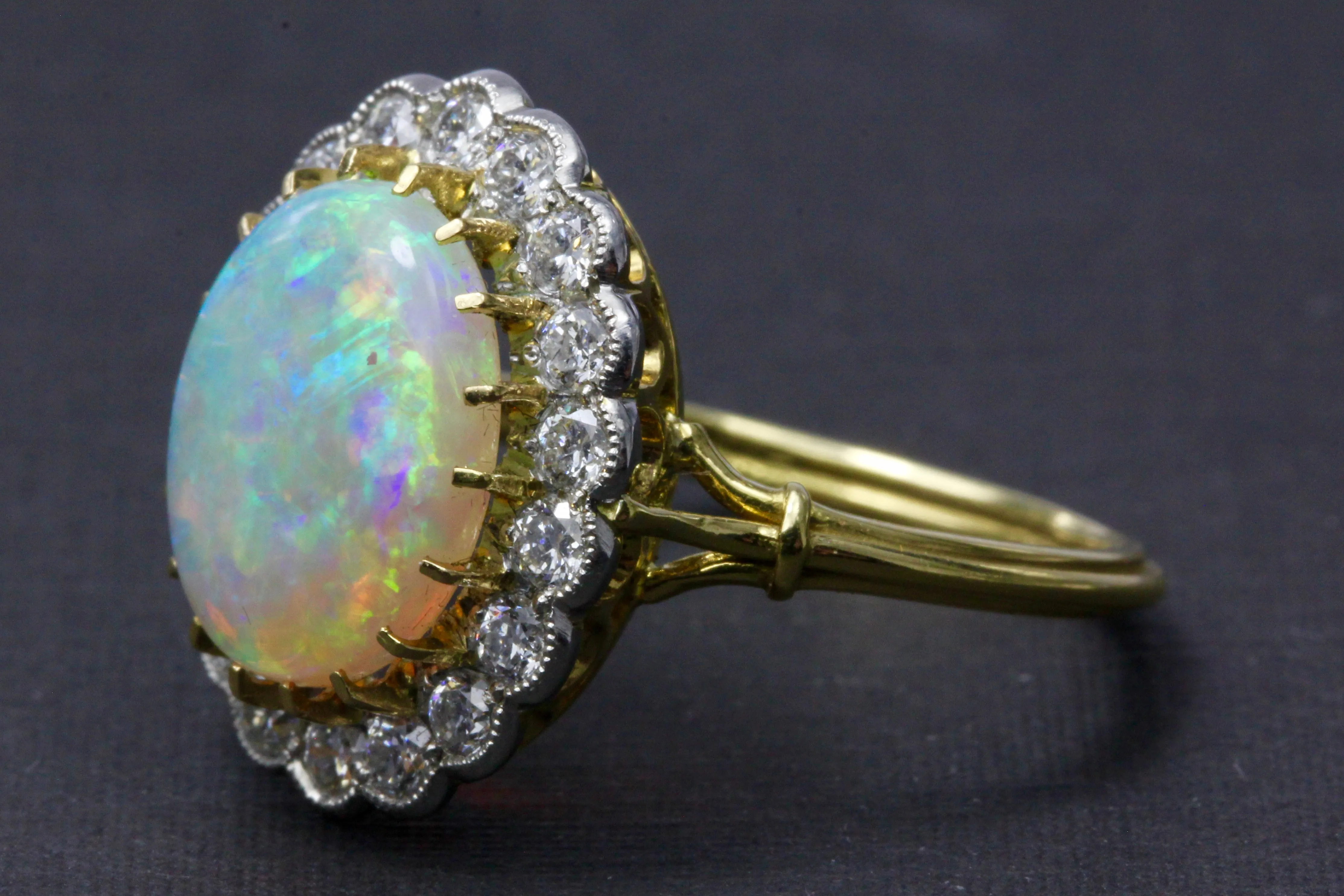 Victorian Revival 18K White Gold and Platinum Opal and Diamond Halo Ring