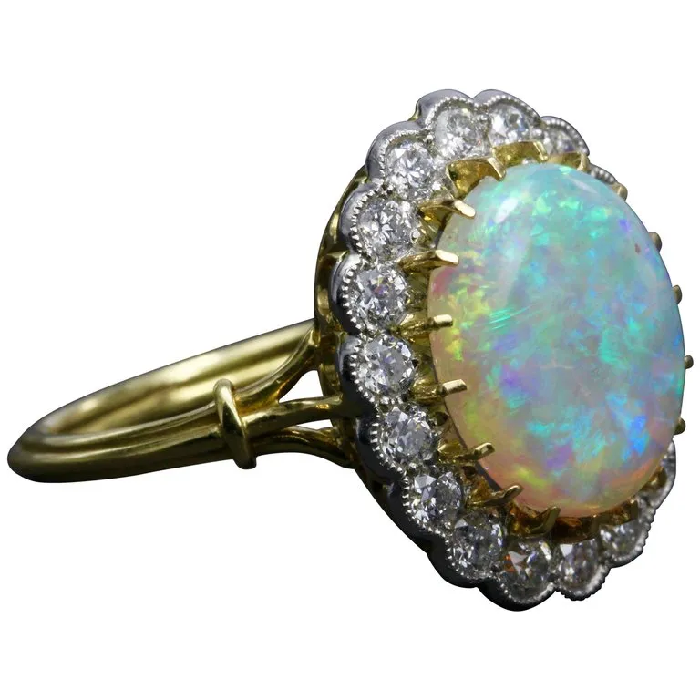 Victorian Revival 18K White Gold and Platinum Opal and Diamond Halo Ring