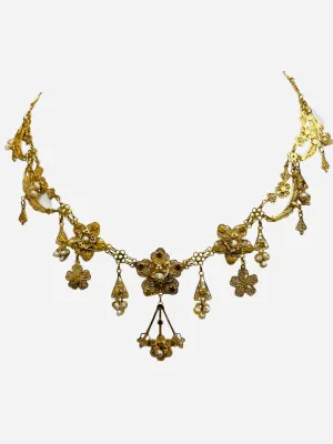 Vintage 1950s Filigree Fringe 18k Yellow Gold Pearl Necklace