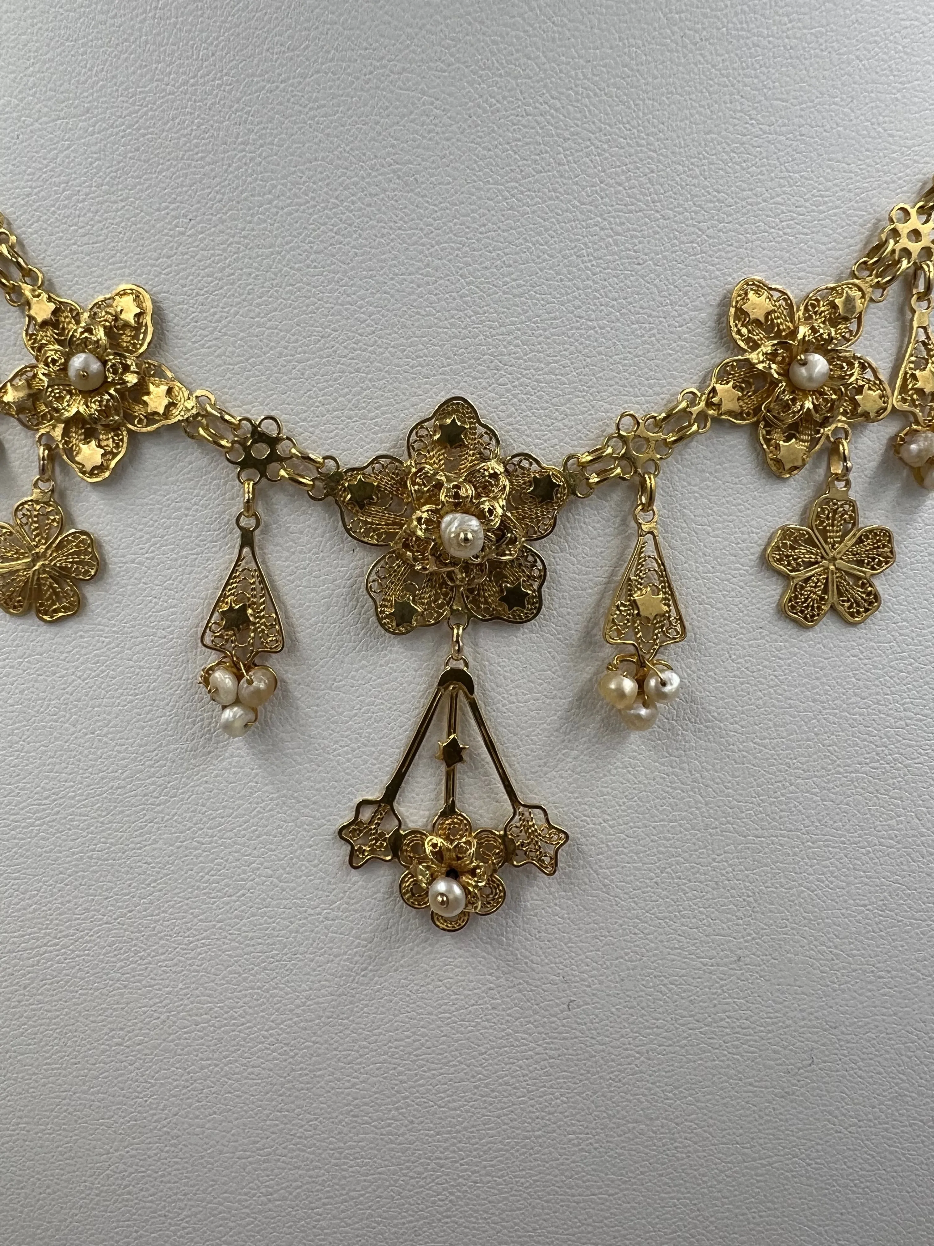 Vintage 1950s Filigree Fringe 18k Yellow Gold Pearl Necklace