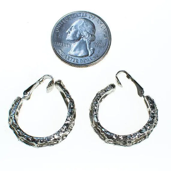 Vintage Silver Bamboo Print Hoop Earrings by Crown Trifari
