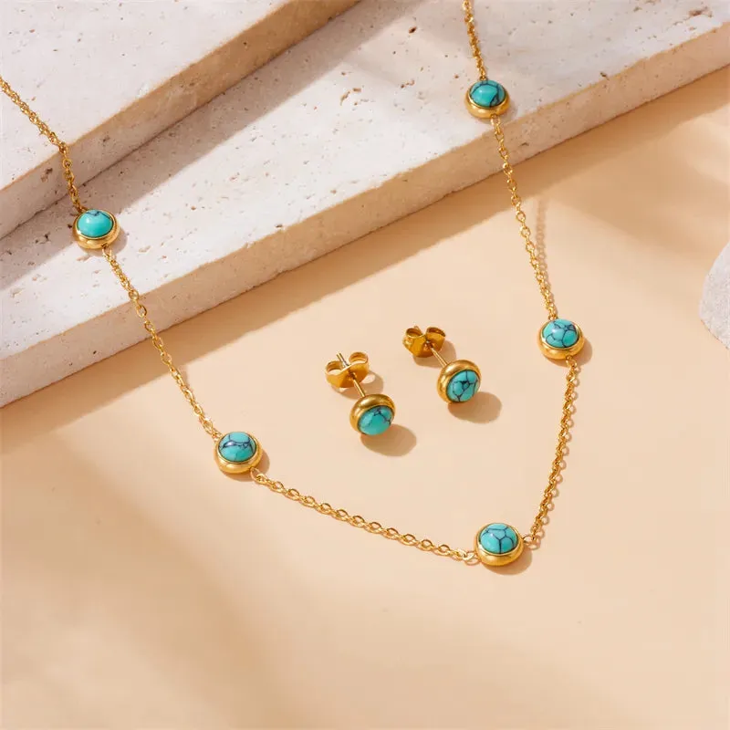 Vintage Style Simple Style Round 304 Stainless Steel Turquoise 18K Gold Plated Jewelry Set