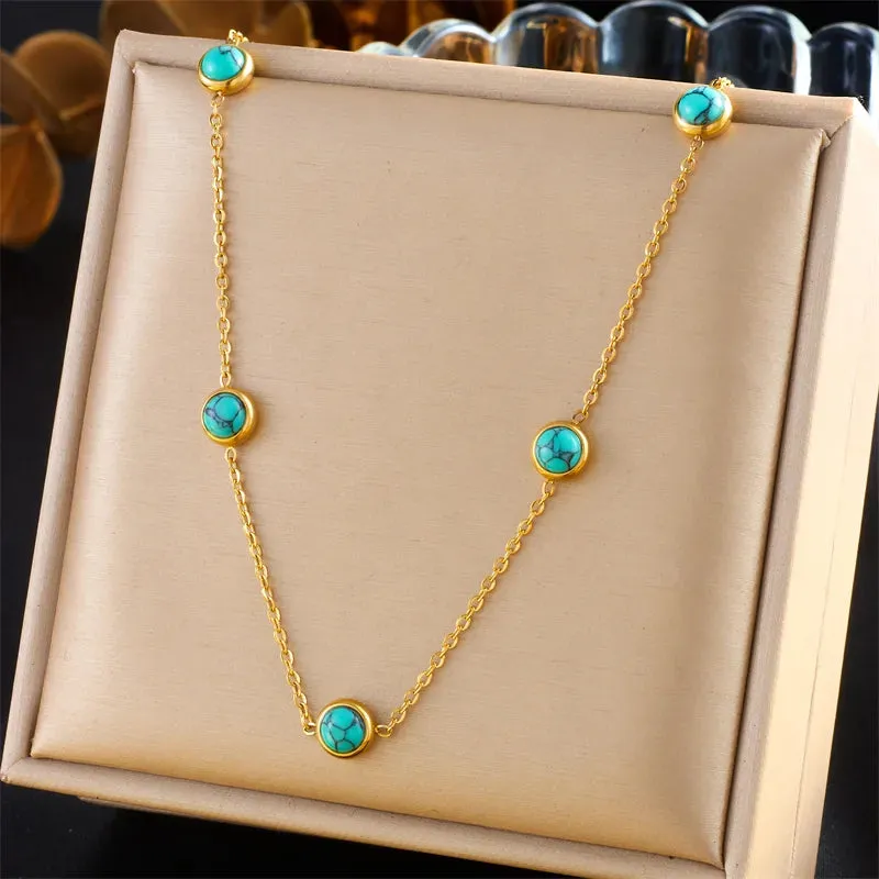 Vintage Style Simple Style Round 304 Stainless Steel Turquoise 18K Gold Plated Jewelry Set