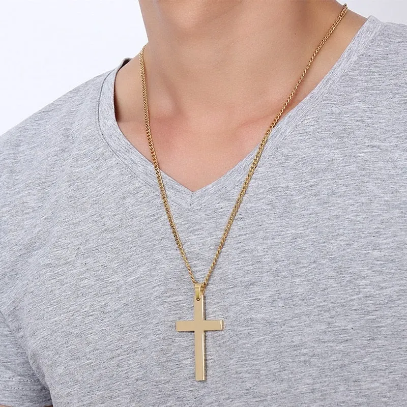 Vnox 24&quot; Men&#39;s Stainless Steel Cuban Chain Necklace Simple Cross Gold-Color/Black/Silver Color Pendant