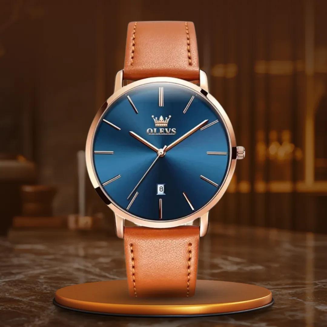 Waterproof Leather Strap Watch with Date Display