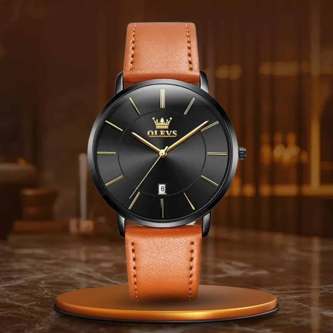 Waterproof Leather Strap Watch with Date Display