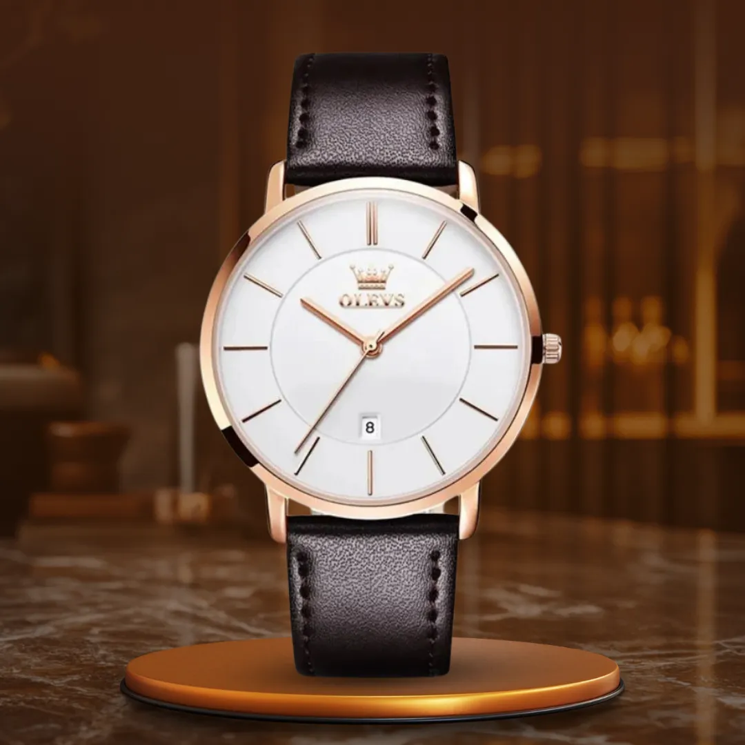 Waterproof Leather Strap Watch with Date Display