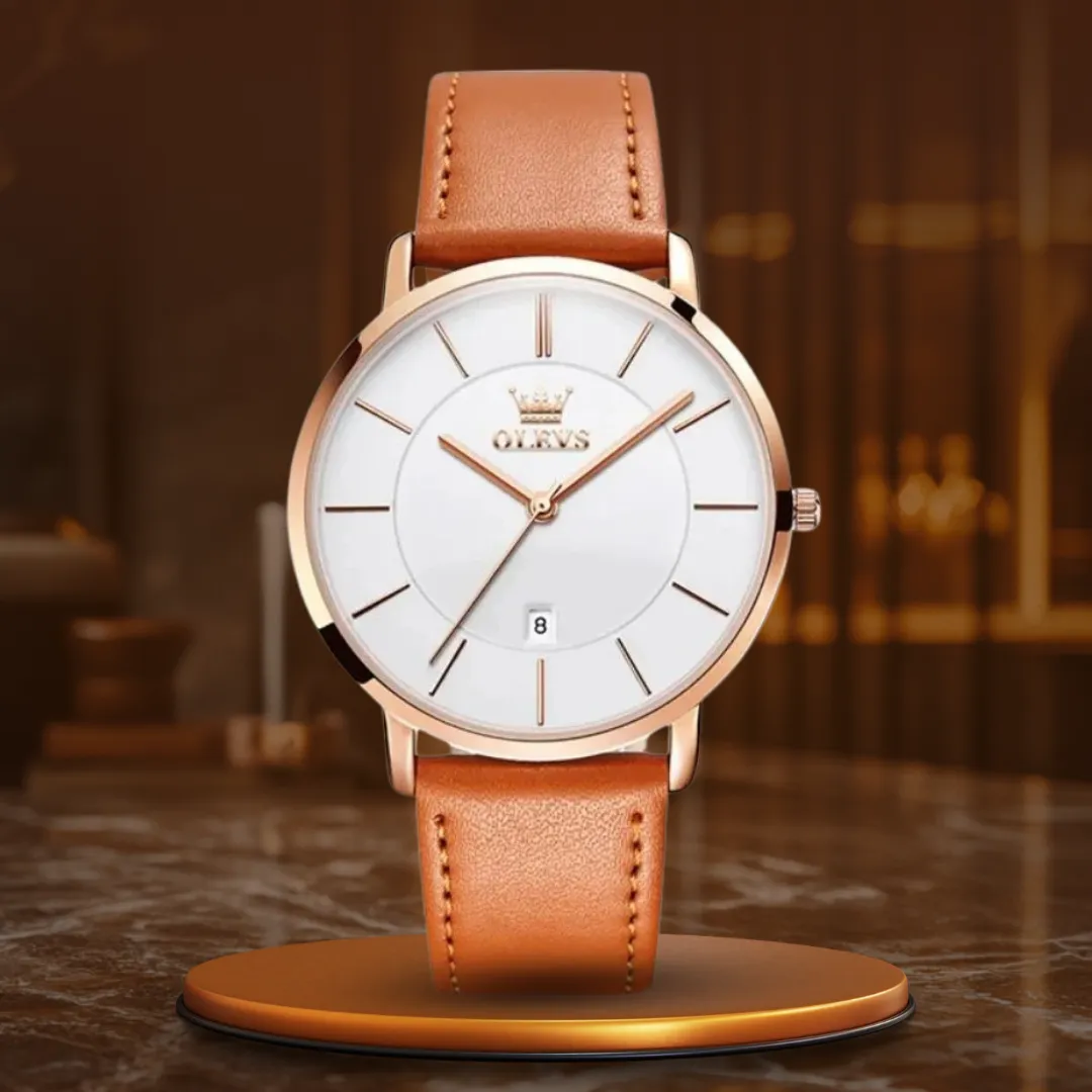 Waterproof Leather Strap Watch with Date Display