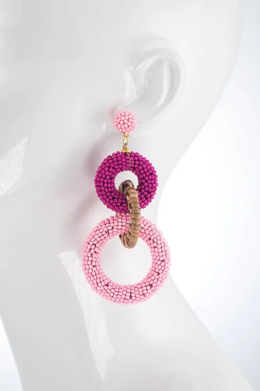 Wood & Seed Bead Dangle Earrings Pink