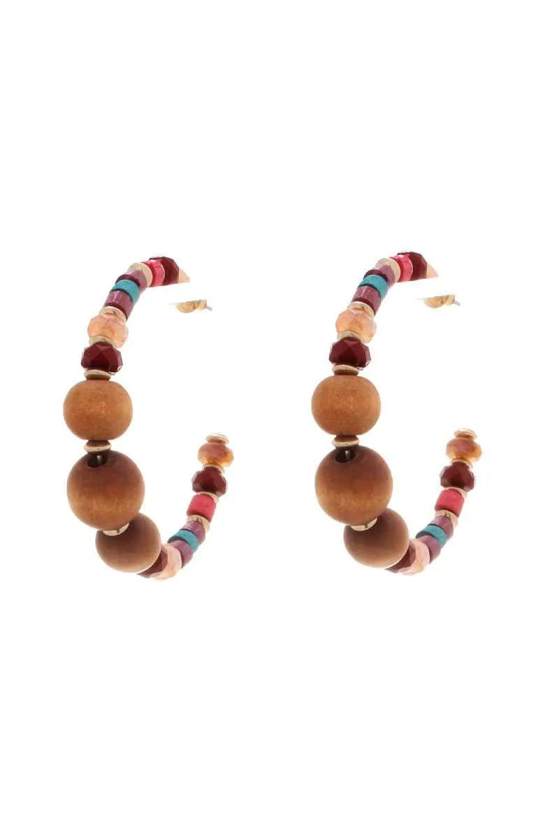 Wood Bead Open Hoop Earring