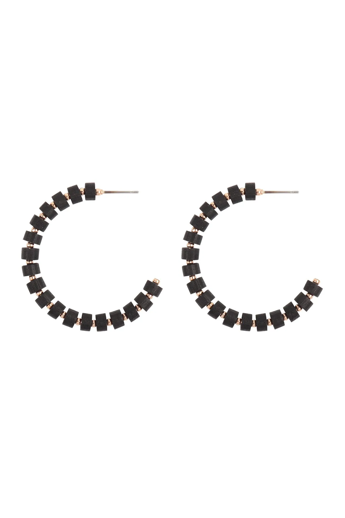 WOOD BEADED C SHAPE HOOP EARRINGS