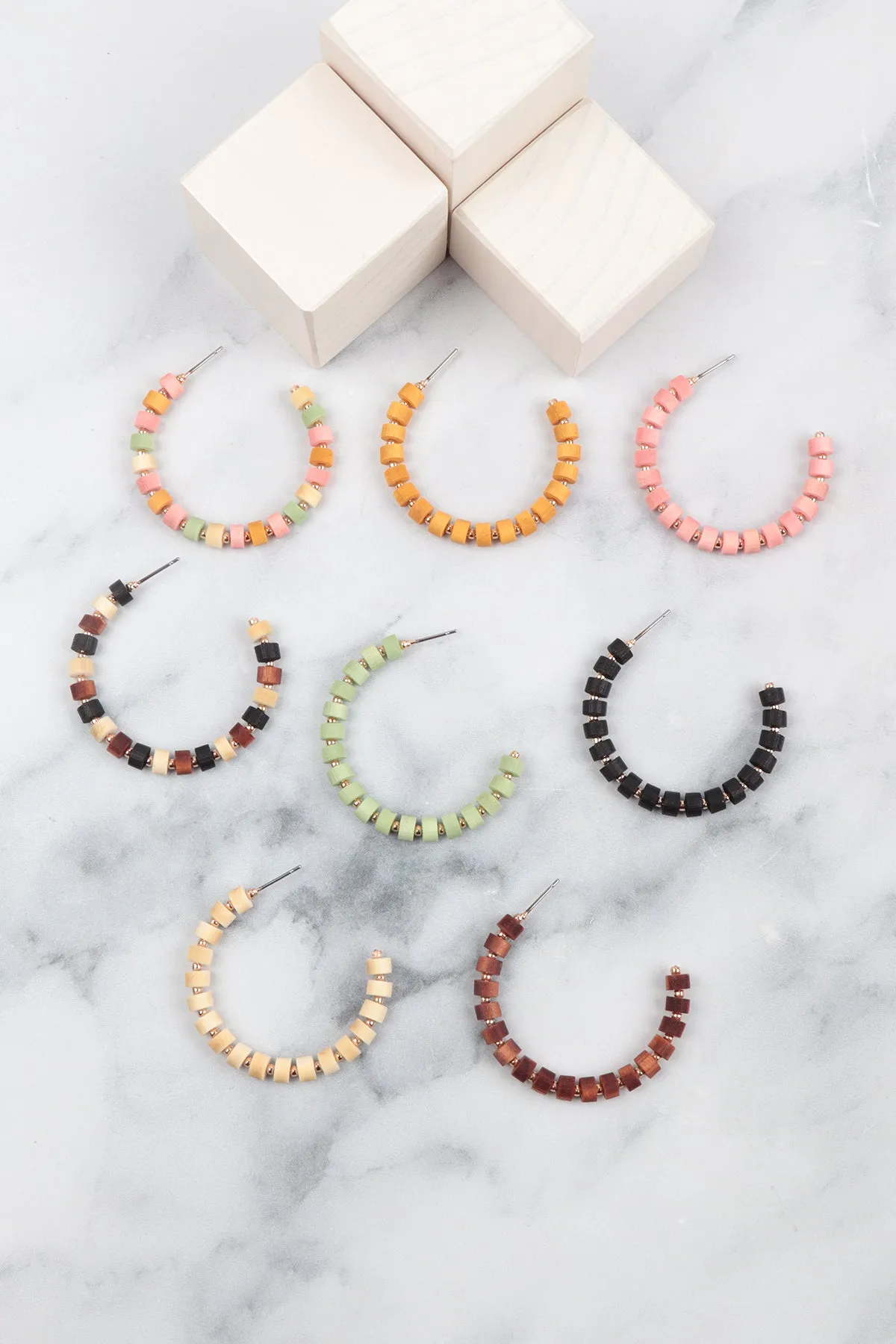 WOOD BEADED C SHAPE HOOP EARRINGS