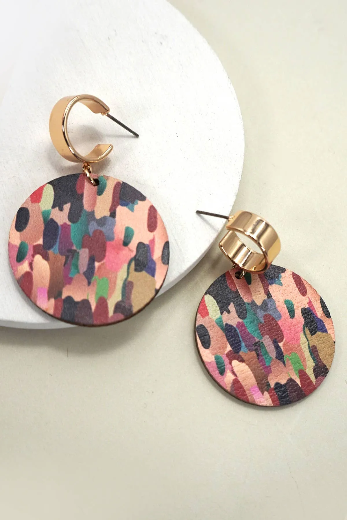 Wood Circle Print Drop Earrings