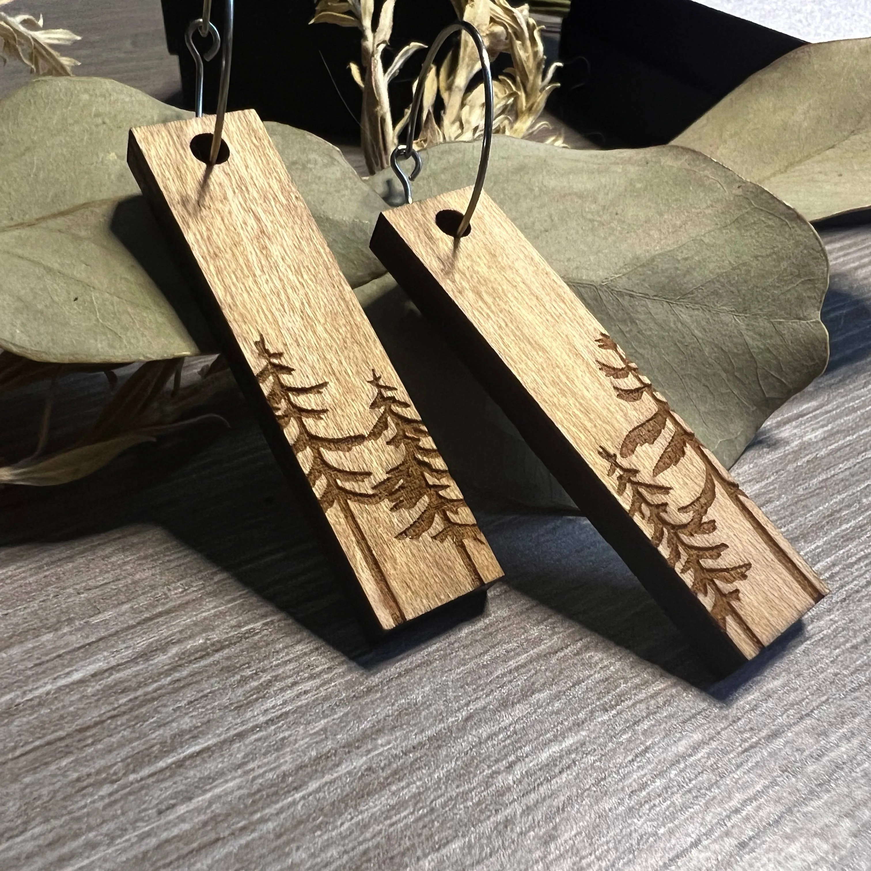 Wood Earrings - Tall Pines Laser Engraved Rectangle