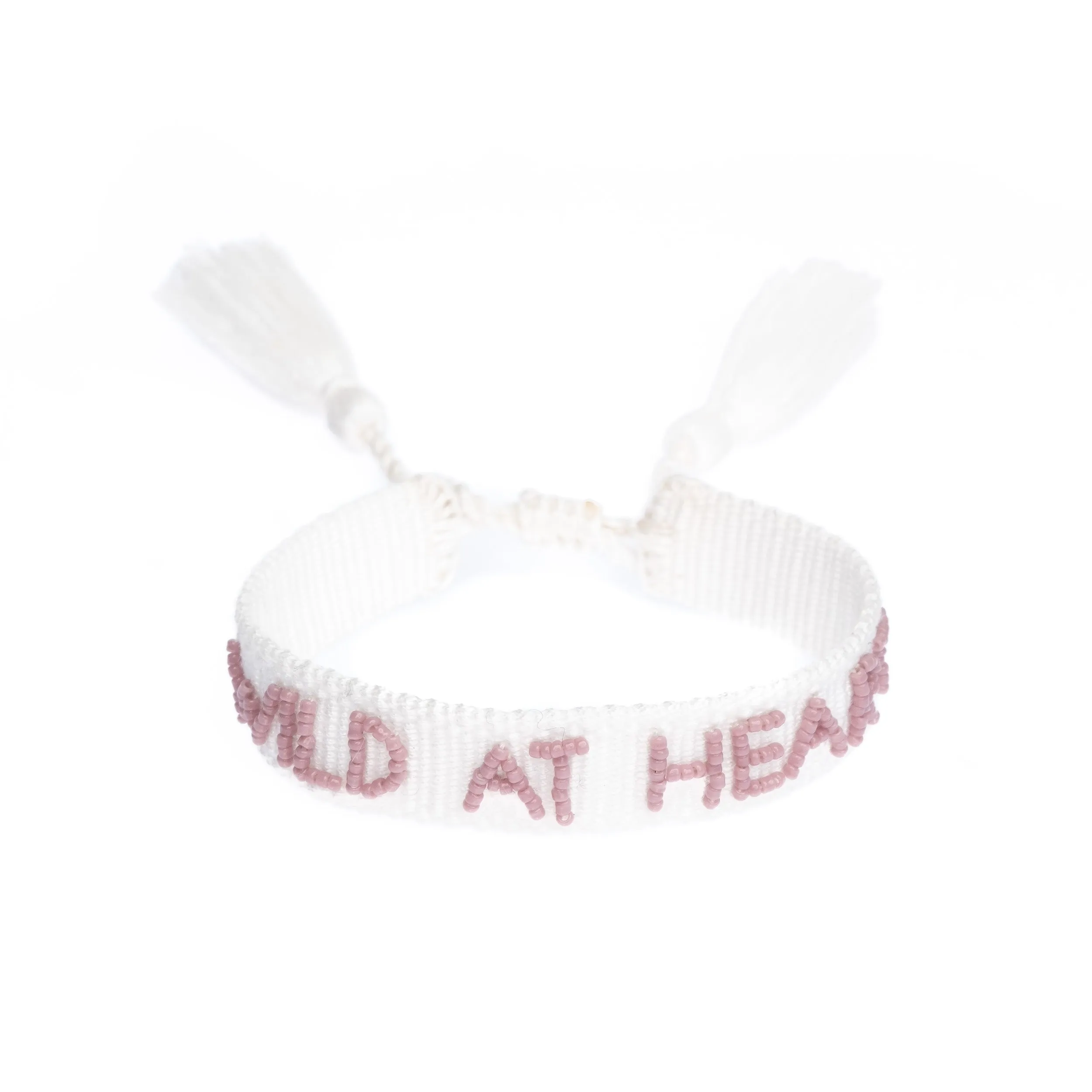 Woven Friendship Bracelet Thin W/Beaded Text "WILD AT HEART" WHITE W/GRAPE