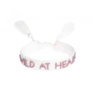 Woven Friendship Bracelet Thin W/Beaded Text "WILD AT HEART" WHITE W/GRAPE
