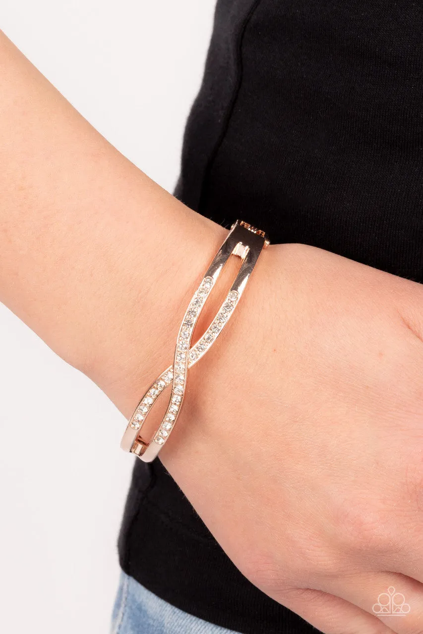 Woven in Wealth - Rose Gold - White Rhinestone Criss-Cross Paparazzi Hinge Bracelet
