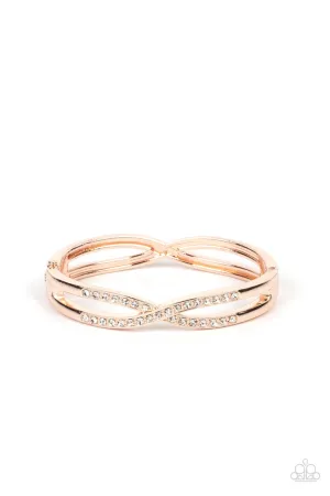Woven in Wealth - Rose Gold - White Rhinestone Criss-Cross Paparazzi Hinge Bracelet