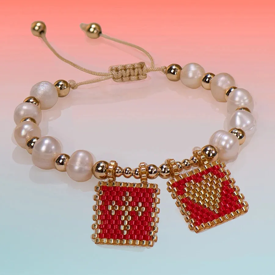 Woven Pearl Cross Heart Bracelet Beaded