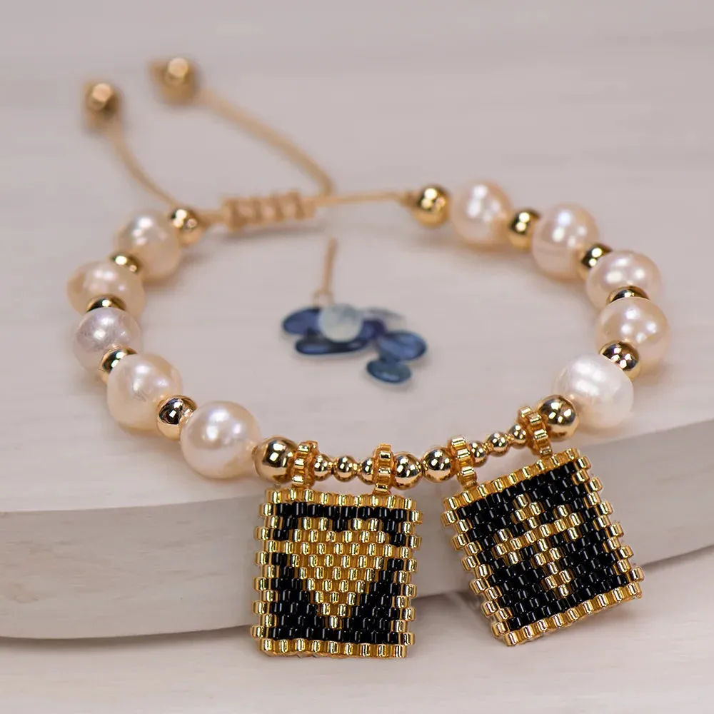 Woven Pearl Cross Heart Bracelet Beaded