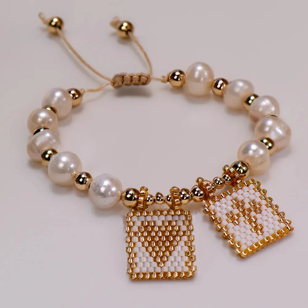 Woven Pearl Cross Heart Bracelet Beaded