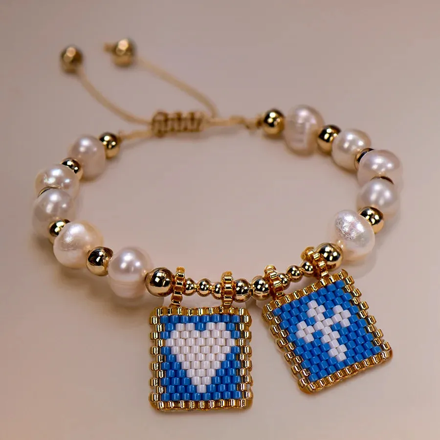 Woven Pearl Cross Heart Bracelet Beaded