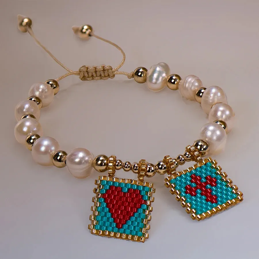 Woven Pearl Cross Heart Bracelet Beaded