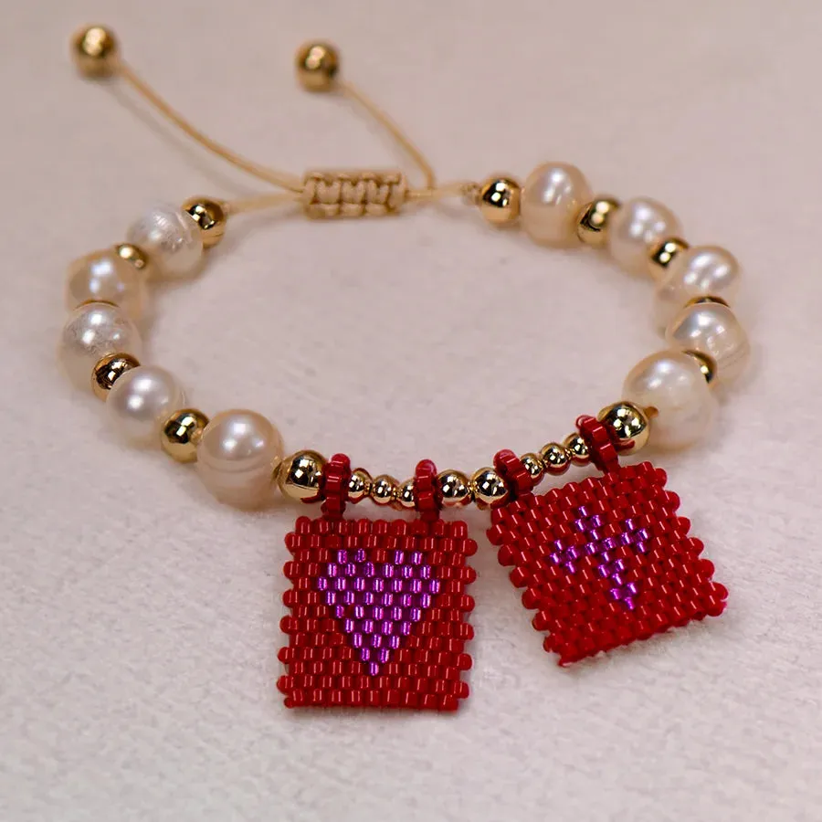 Woven Pearl Cross Heart Bracelet Beaded
