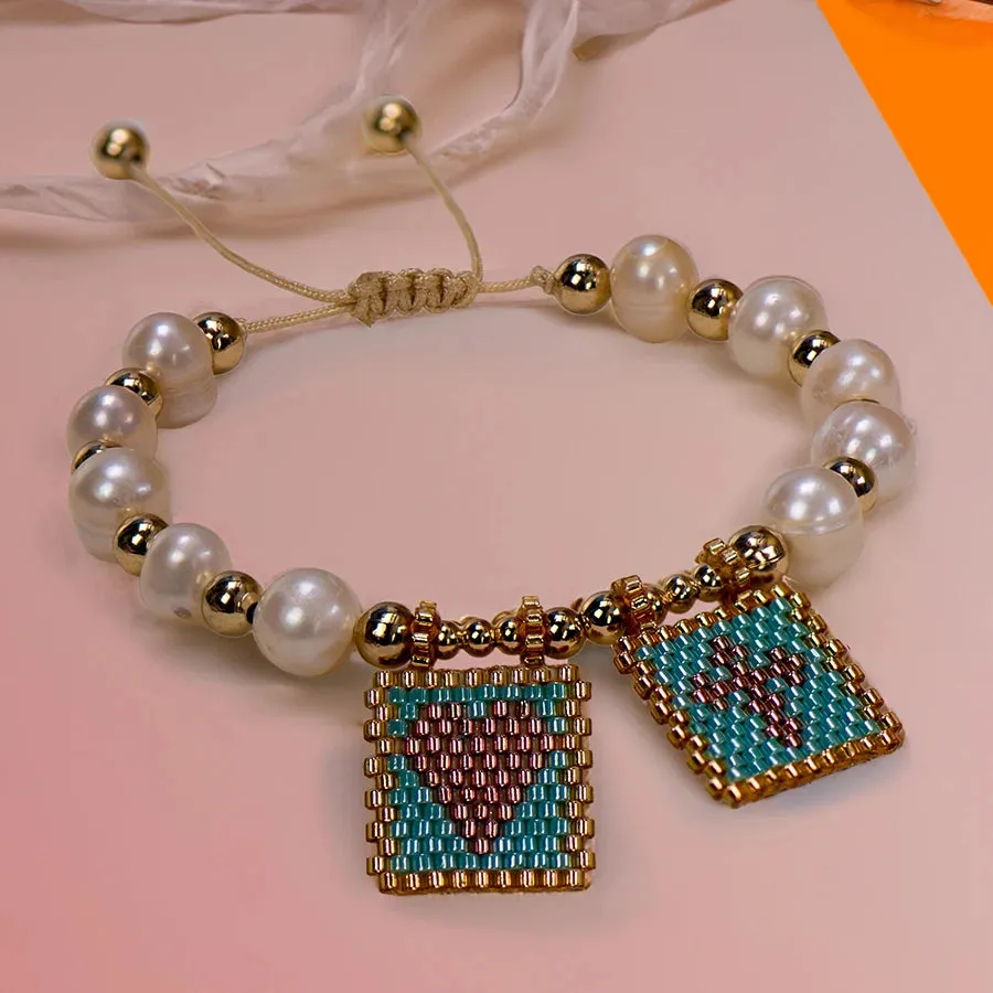 Woven Pearl Cross Heart Bracelet Beaded