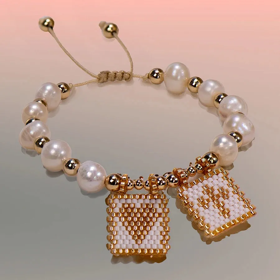 Woven Pearl Cross Heart Bracelet Beaded