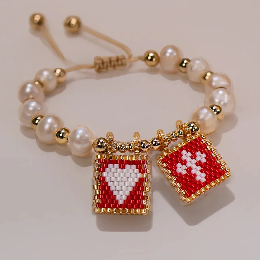 Woven Pearl Cross Heart Bracelet Beaded