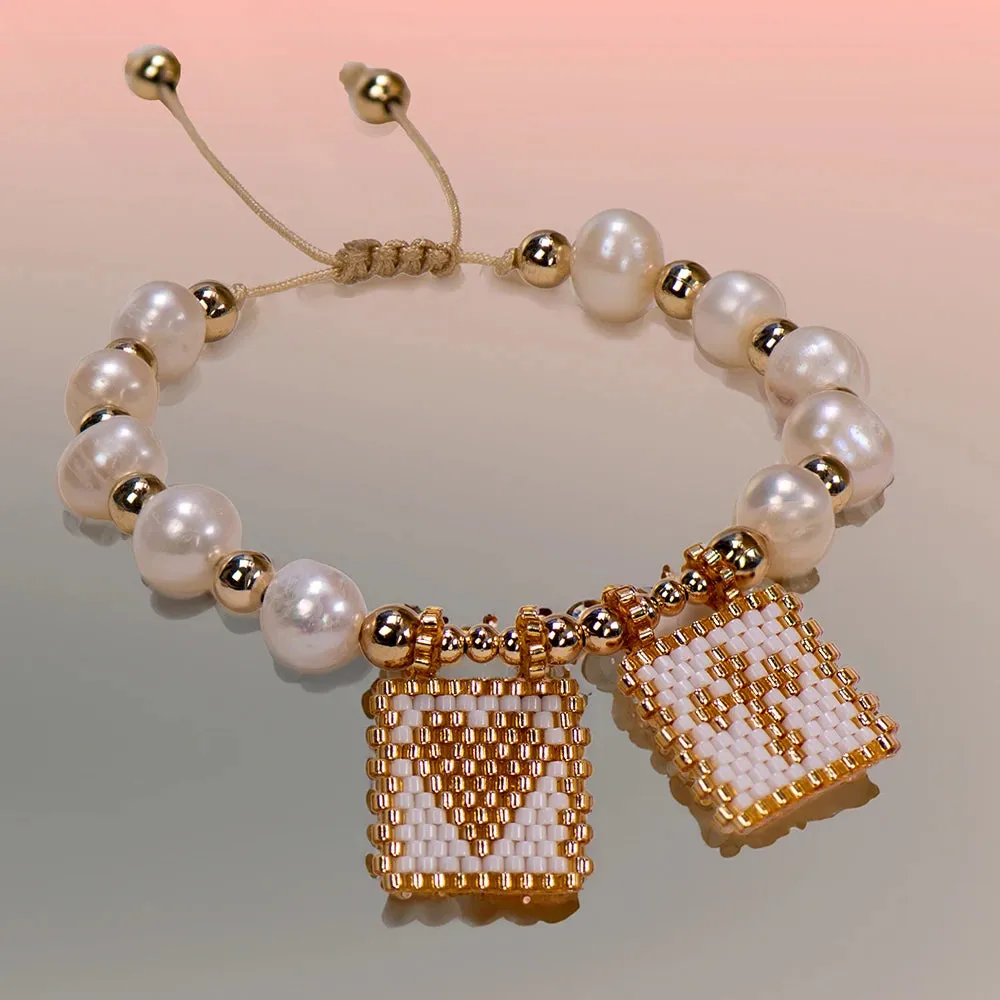 Woven Pearl Cross Heart Bracelet Beaded