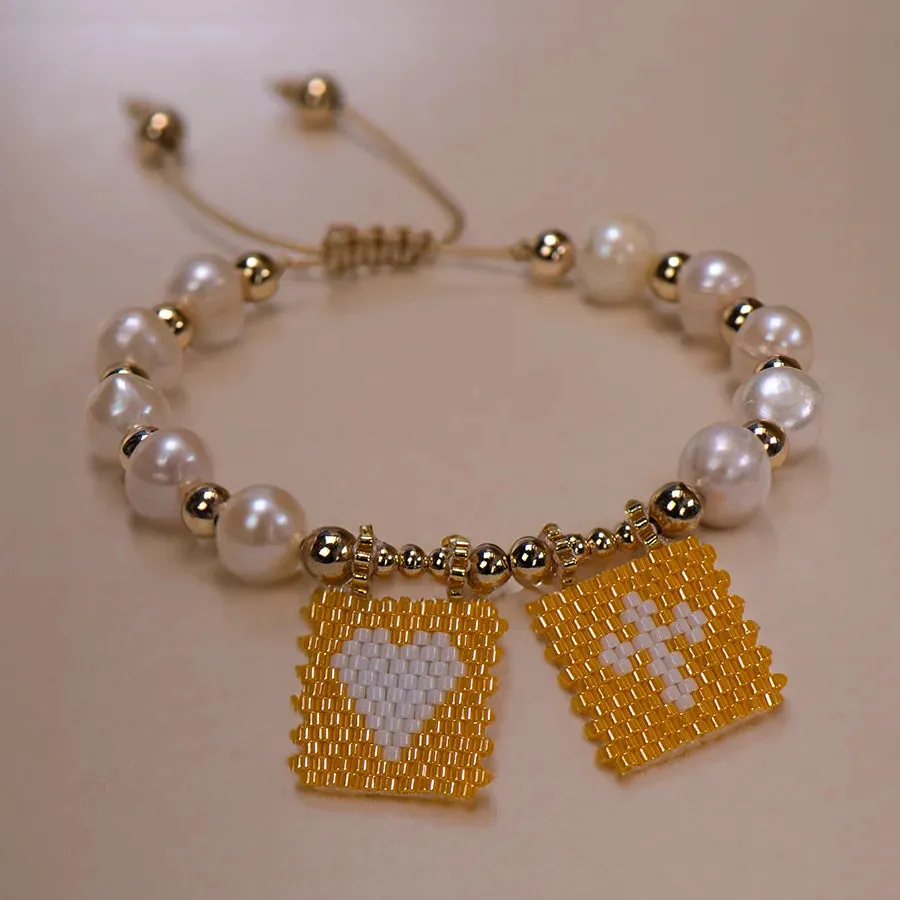 Woven Pearl Cross Heart Bracelet Beaded