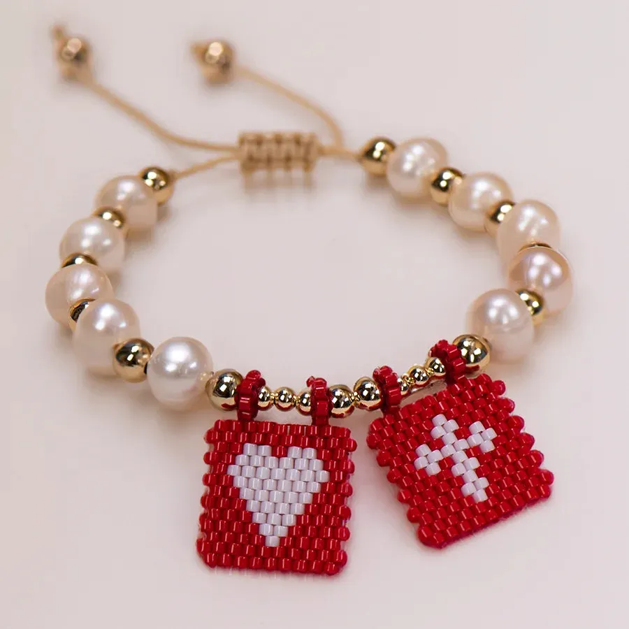Woven Pearl Cross Heart Bracelet Beaded